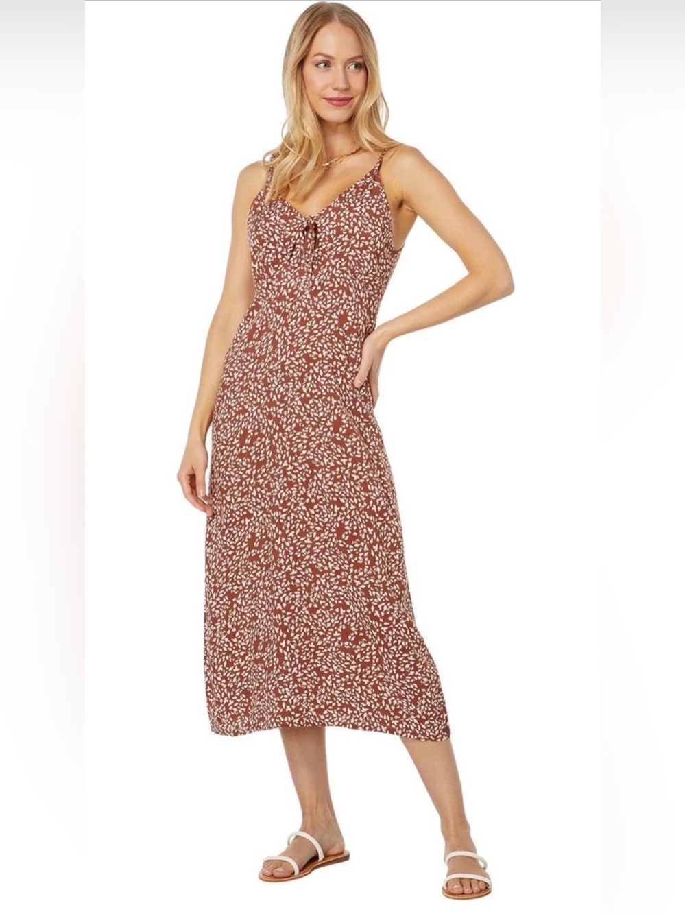 Roxy Rust Burgundy Ditzy Print Midi Dress Size XL Keyhole Tie Neckline Spaghetti